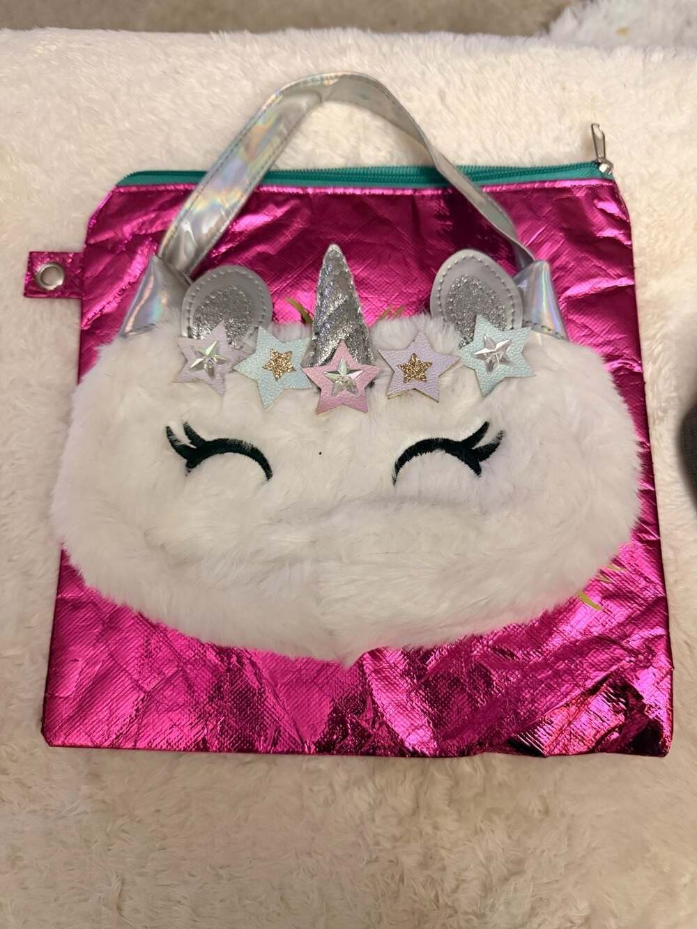 OMG Accessories Unicorn White Faux Fur Crossbody Bag Pink Metallic